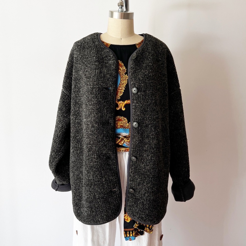 Uniqlo Fleece Cardigan Charcoal Grey Collarless Button Front Jacket Carpet